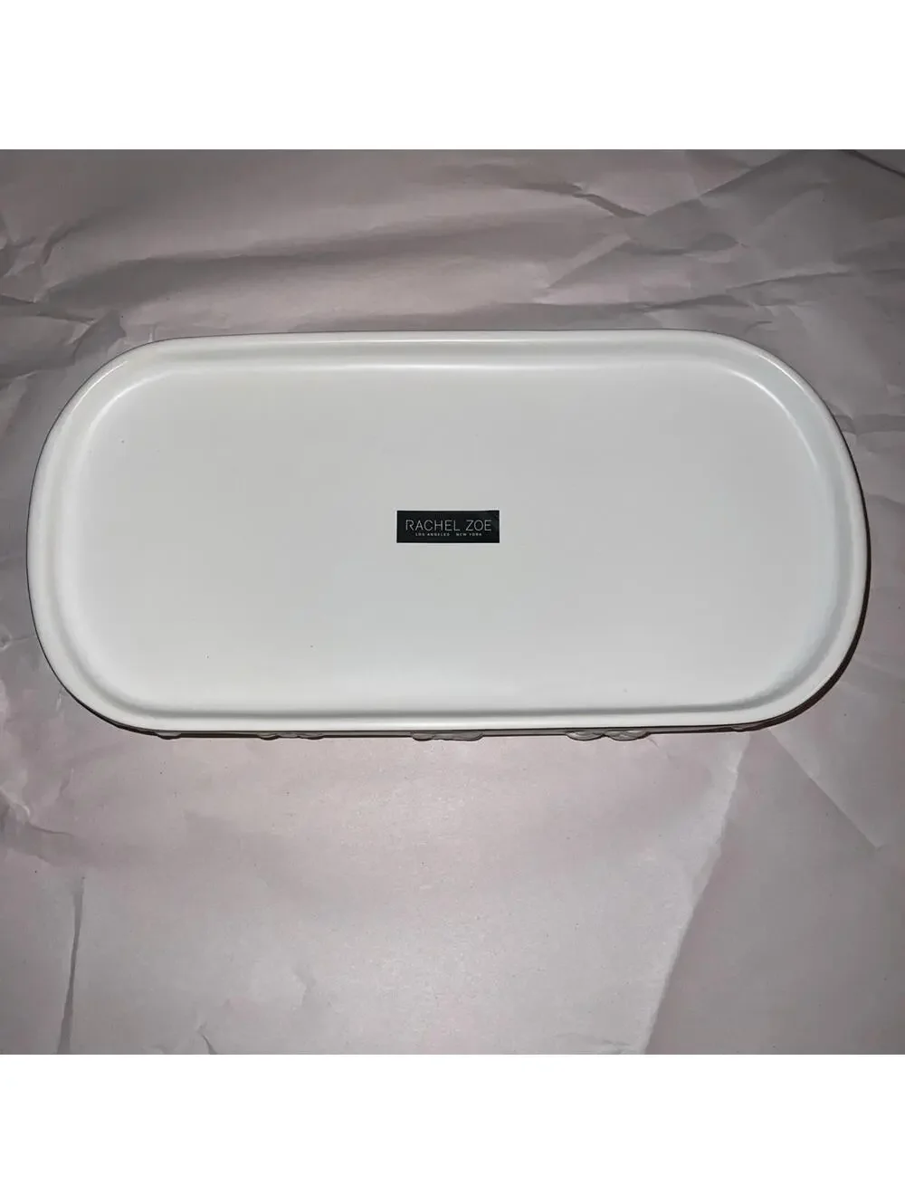 NEW RACHEL ZOE BOW OVAL LUXURY GOLD TRIM VANITY TRAY CERMAIC 12''x6''